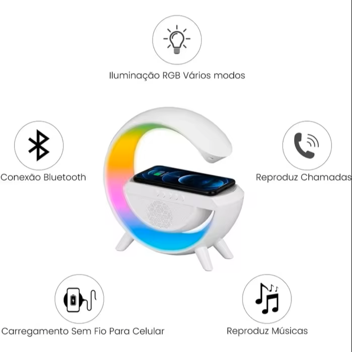 Luminária G Multifuncional - Auto falante, Carregador Celular sem Fio e Relógio de mesa
